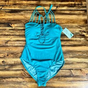 NWT Playa Swim Blue Lace-Up Swimsuit with Multi-Strap Detail Teal Aqua Small 4/6